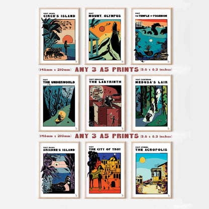 Greek mythology mix and match print bundle A5, wall art set. Greek travel posters including circe island, retro mt olympus, bright temple of Poseidon, spooky underworld, the minotaurs labyrinth, forest medusa's lair, sunset ariadnes island, fiery burning city of troy, sunny acropolis landscape.    