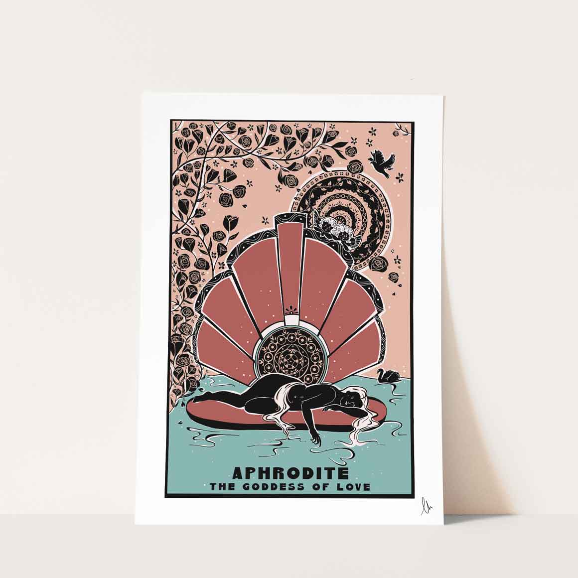 Poster of Aphrodite, the goddess of love, with pink shell and cherubs. Romantic greek mythology home decor.