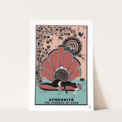 Poster of Aphrodite, the goddess of love, with pink shell and cherubs. Romantic greek mythology home decor.