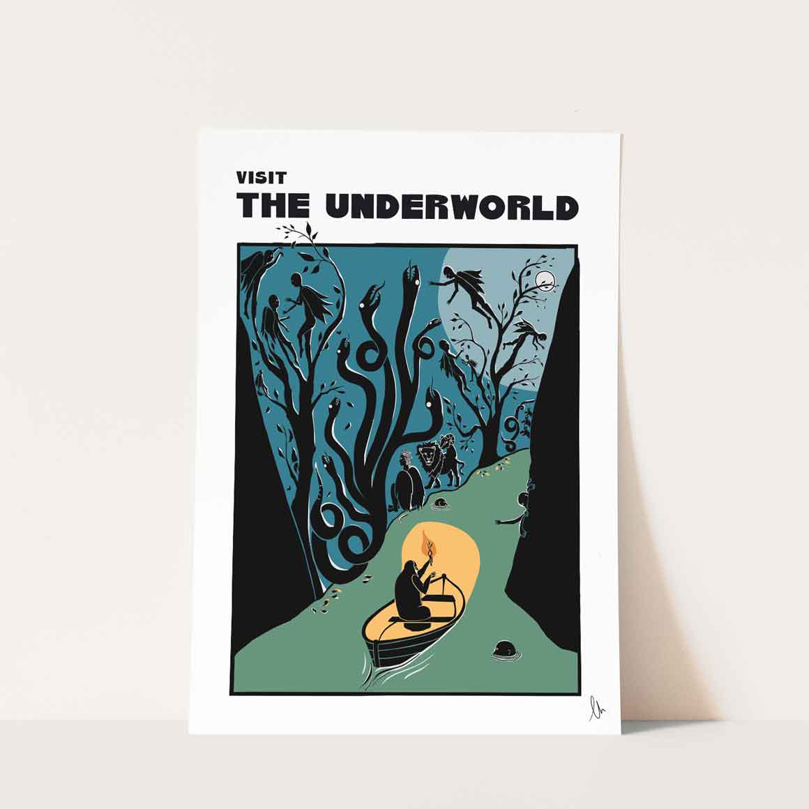 Poster with illustration of a person in a boat and text 'Visit The Underworld' on a white background. Charon going down the river Styx, surrounded by mythical creatures, dark moonlight travel print.