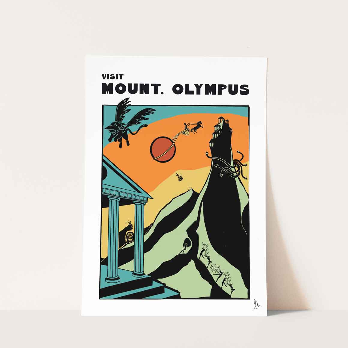 Poster with 'Visit Mount. Olympus' text and Greek temple design on a white background. Retro colour scheme showing mythical creatures of ancient Greece travel.