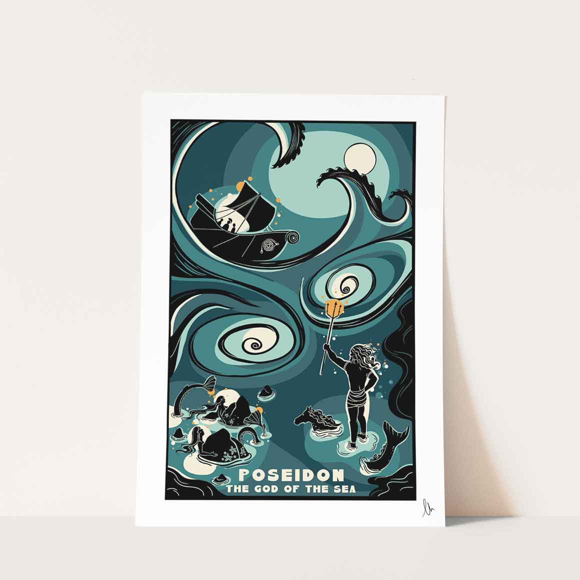 Poster of Poseidon, the God of the Sea, with ocean-themed design and ship in moonlight. Ocean mythology wall art.