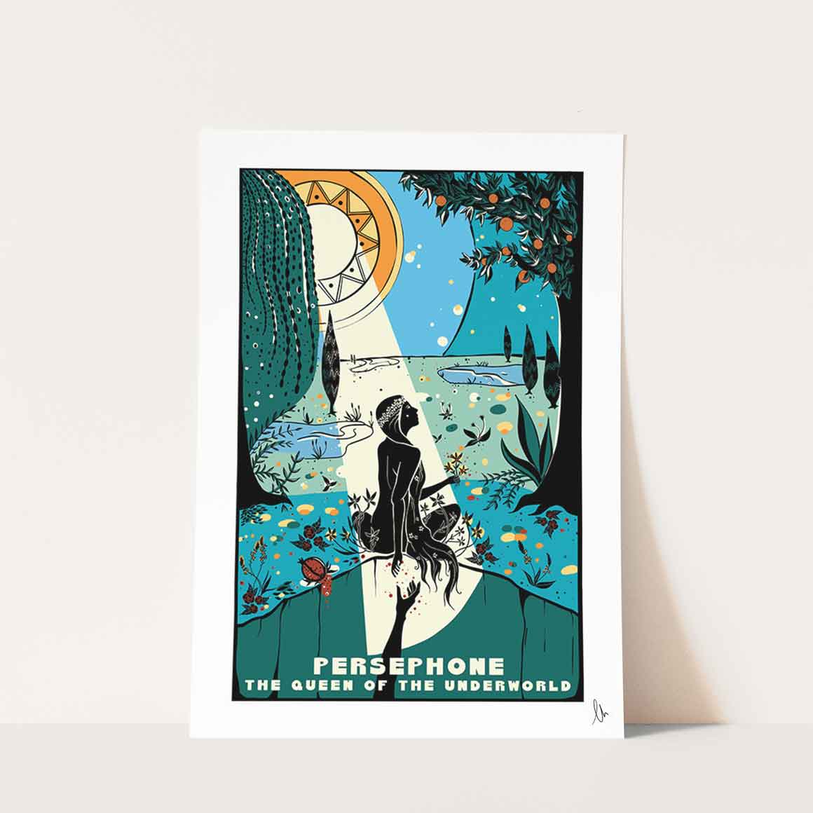 Artwork of Persephone, the Queen of the Underworld. Blue sky with orange tree and Hade's hand pulling her down. Greek Mythology art print.