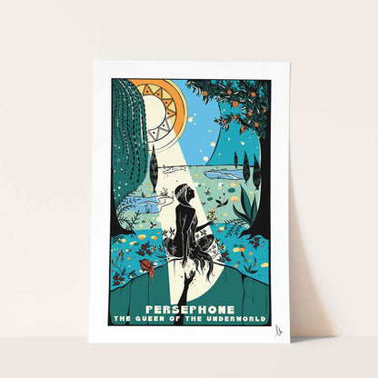 Artwork of Persephone, the Queen of the Underworld. Blue sky with orange tree and Hade's hand pulling her down. Greek Mythology art print.