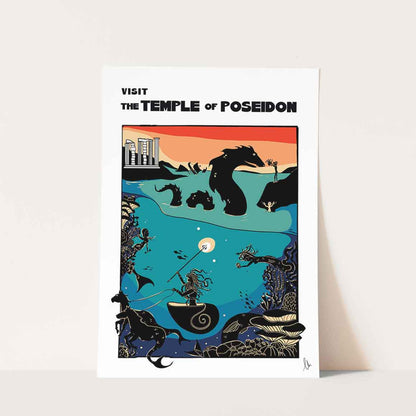 Illustrated poster of the Temple of Poseidon with mermaids, dolphins, and a mythical horse. Retro colour ancient greek creatures wall art. 