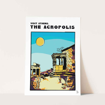 Poster of The Acropolis with text 'Visit Athens, The Acropolis'. Blue sky with yellow sun over mythical Greece. 