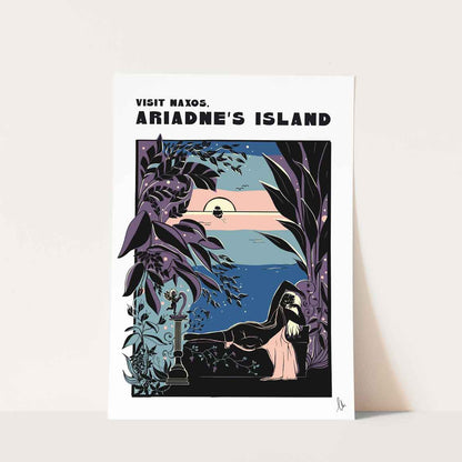 Poster design of Ariadne's Island with a purple and blue landscape and text on a white background. Ariadne sleeps while the ship leaves her. Mythology inspired wall decor.