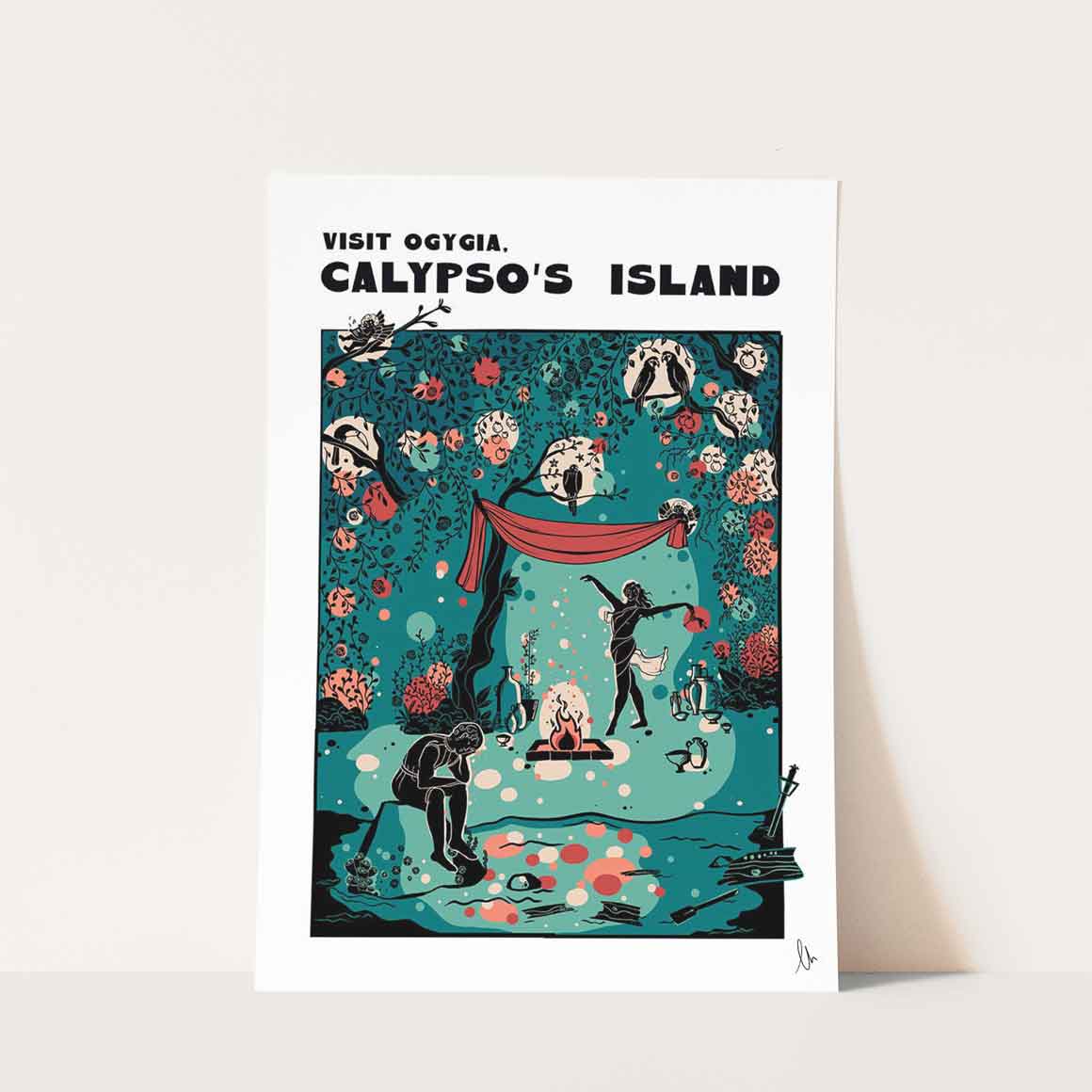Illustration of Calypso's Island with flowers and a green forest background. Calypso dances while Odysseus sits by the sea. Greek mythology travel poster.