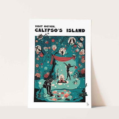 Illustration of Calypso's Island with flowers and a green forest background. Calypso dances while Odysseus sits by the sea. Greek mythology travel poster.