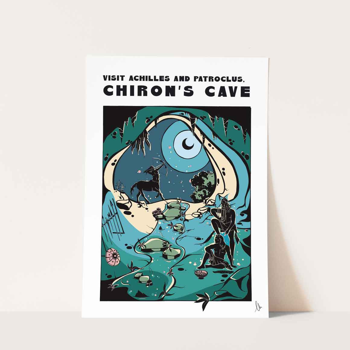 Poster of Chiron's Cave with Achilles and Patroclus , with text on a white background. Green and blue moonlight cave mythical travel decor. 