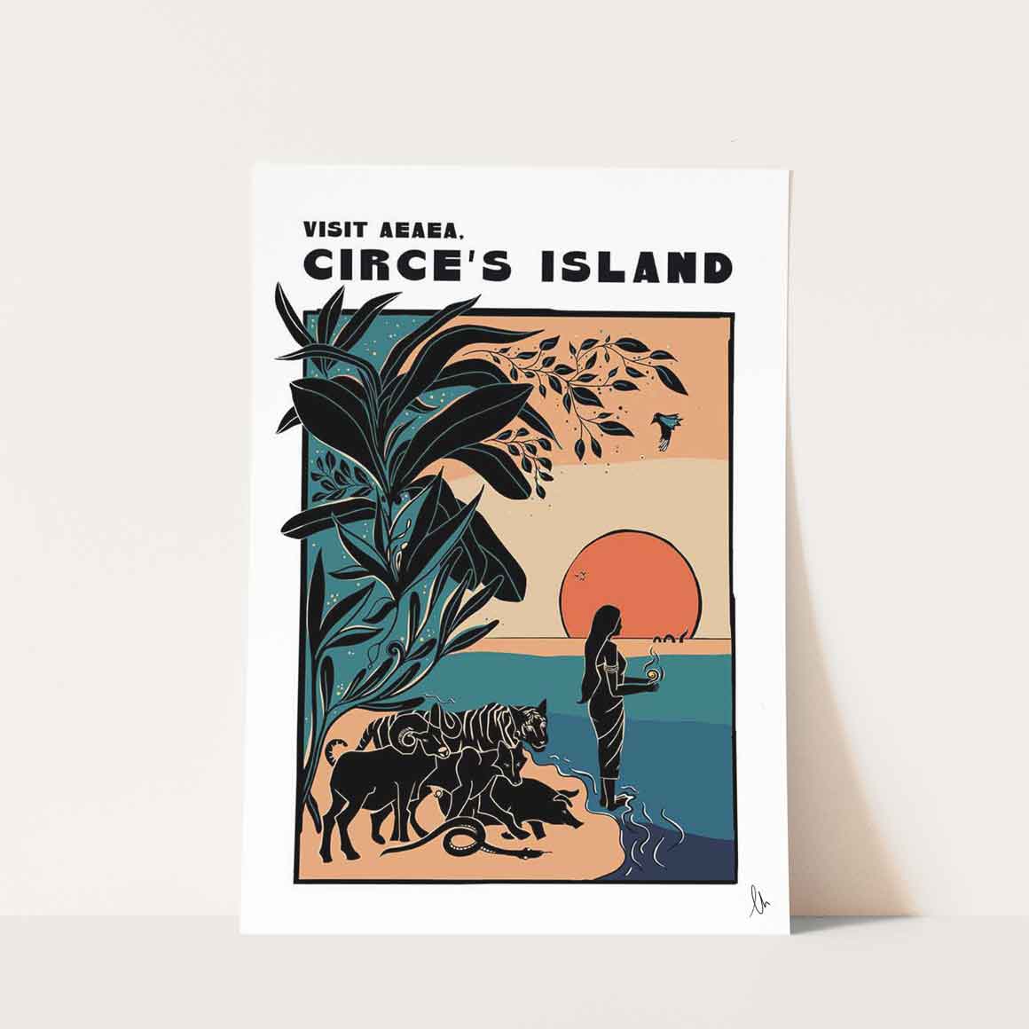 Poster of Circe's Island with a woman, tiger, and plants on a beige background. Greek Mythology travel wall art.