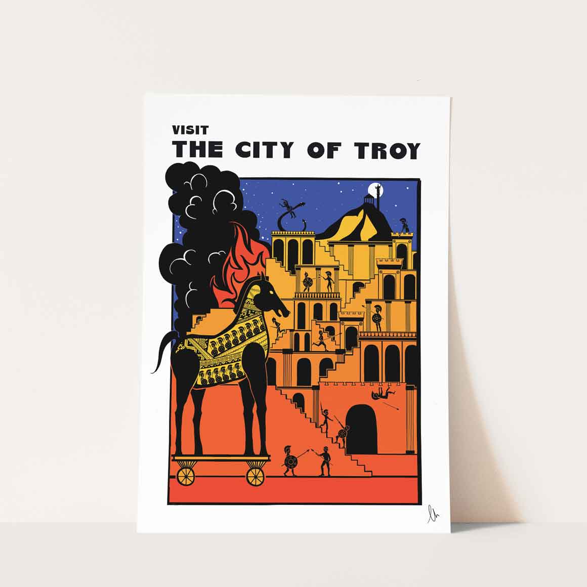 Vintage-style poster of the City of Troy with a horse and temple illustration. Fire and burning city in orange and red. Ancient Greece home decor.