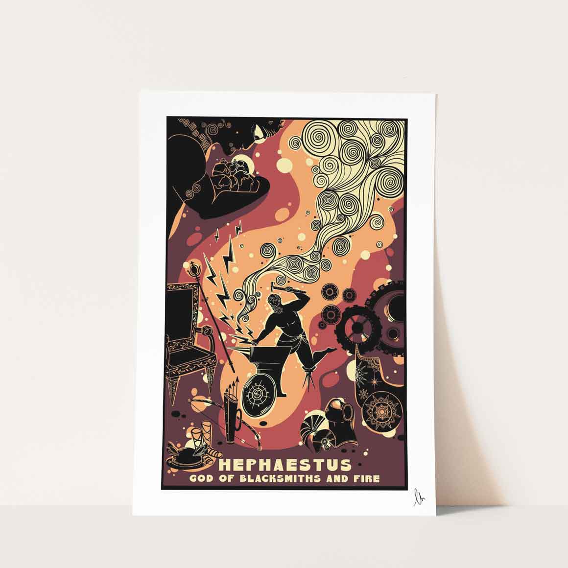 Illustration of Hephaestus, the God of Blacksmiths and Fire, with fire and forge, Greek God art
