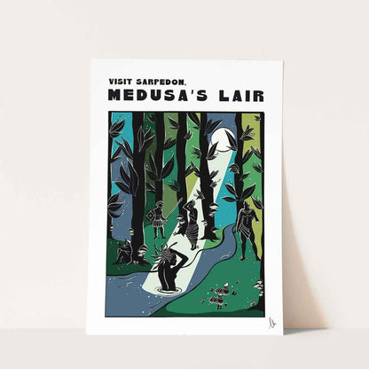 Poster of Medusa's Lair with forest scene and text on a white background. Forest and moonlight setting. Mythology travel art.
